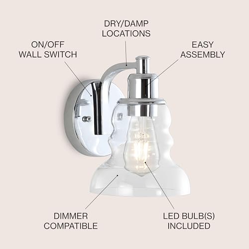 Image of JONATHAN Y 6.5 inch Chrome Modern Industrial Rustic 1-Light LED Vanity Light with Clear Glass Shade, Vintage Wall Sconce for Bathroom Kitchen Hallway, LED Bulb Included (JYL3544B)
