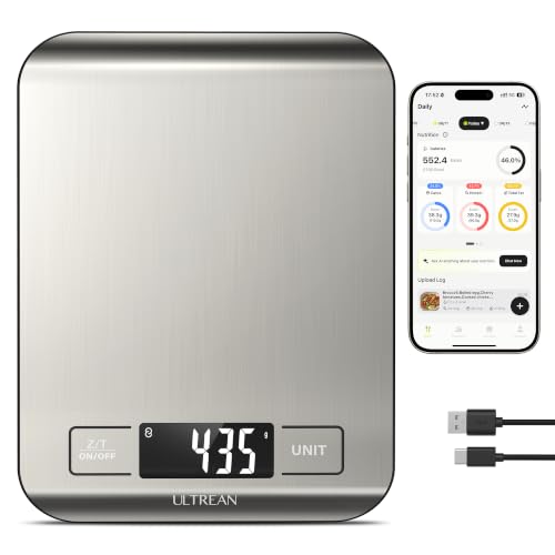 Image of Ultrean Smart Food Kitchen Scale with Nutritional Calculator, App for Macro & Calorie Tracking, AI Scan, Digital Grams and Ounces for Weight Loss, Rechargeable, Stainless Steel, 33lb /15kg