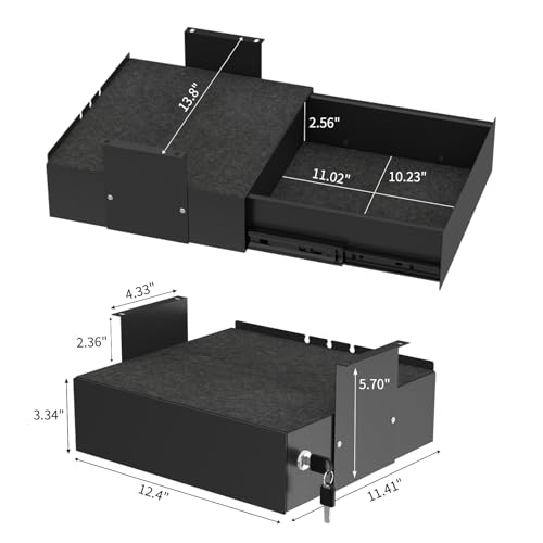 Image of Under Desk Lockable Drawer, Slide-Out Storage Organizer with Full Extension Ball-Bearing Slides, Carbon Steel Undermount Drawer for Home Office Standing Desk, Black, 13.8 Inch