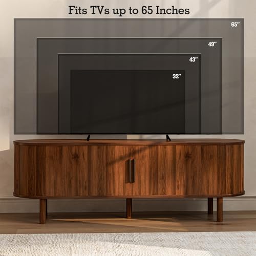Image of ZttRiee TV Stand with Sliding Doors for TVs up to 60 inch, Mid-Century, Walnut | 55 inchW x 18.5 inchH x 15.7 inchD, 200 lbs top / 50 lbs shelf, 2 central shelves & 2 side cabinets, rounded corners, ~60 min assembly