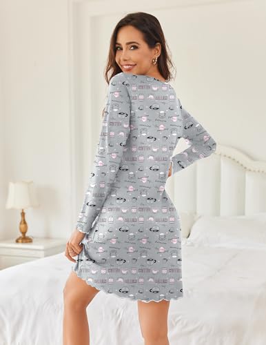 Ekouaer Cotton Nightgowns for Women 2 Pack Night Gown Long Sleeve Sleepshirts V Neck Night Shirt Soft Sleepwear4