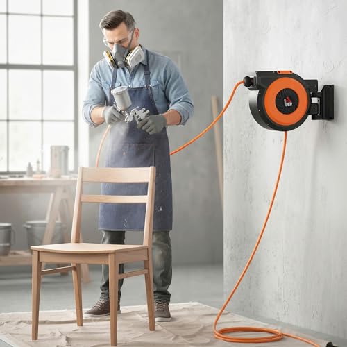 HOMCOM Retractable Air Hose Reel, Wall Mounted Air Compressor Hose Reel with Swivel Bracket, Auto Rewind, 3/8 in x 82 ft, 6.6 ft Lead in, 300 PSI, Air Coupler, Black and Orange