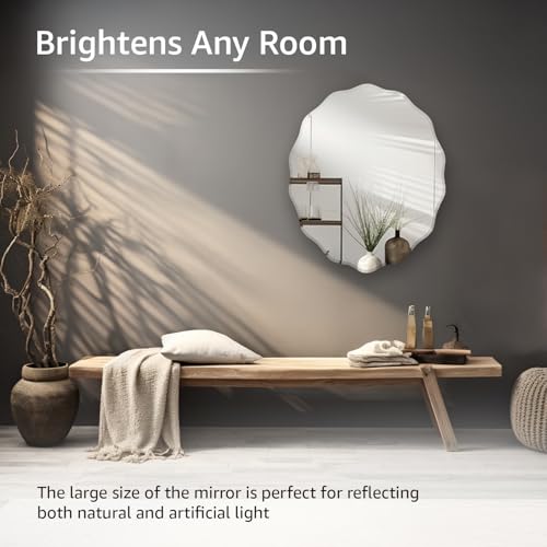 Image of Amazon Basics Frameless Oval Glass Wave Wall Mount Mirror with Beveled Edges - Decorative Bathroom, Bedroom, Living Room, Dressing Room & Entryway Mirror - 38 x 0.4 x 44.5 cm