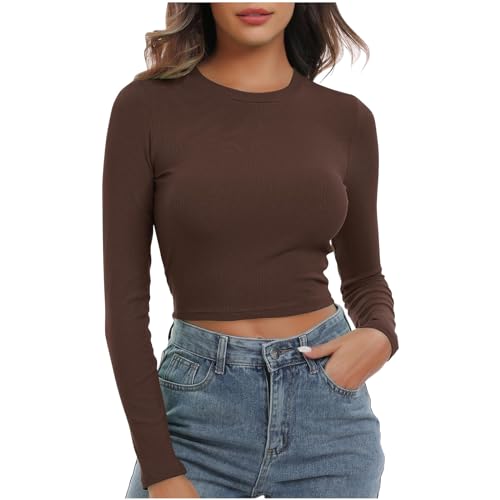 Long Sleeve Crop Tops for Women Ribbed Knit Slim Fitted