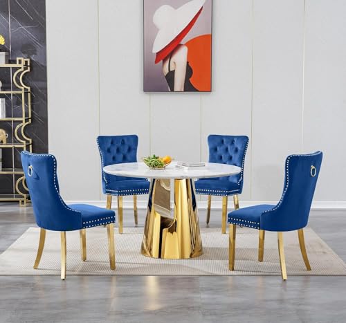 Image of 5-Piece Round Dining Table Set for 4, Modern Faux Marble Kitchen Table and Blue Velvet Chairs Set of 4, Luxury 45 inch Circle White Gold Dining Room Tables with Stainless Steel Base