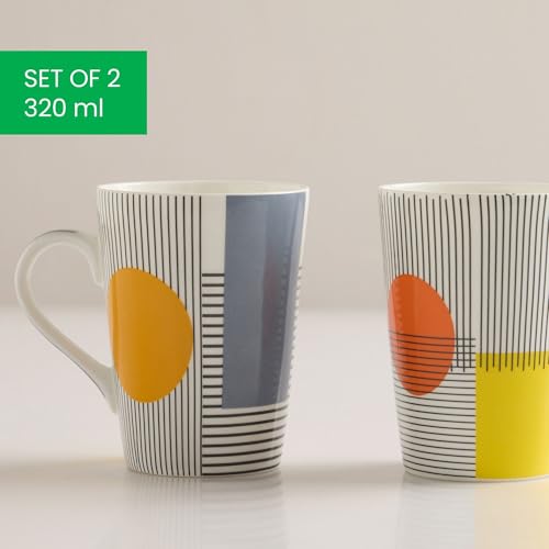 Image of United Colors of Benetton Bone China Coffee Mug Set of 2 - 320ml Each, Printed Tea Cups for Coffee, Milk & Hot Beverages - Microwave & Dishwasher Safe, Ideal Gift Set for Home & Office