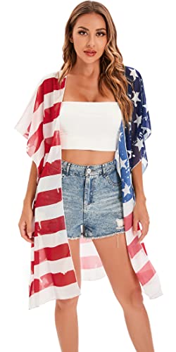 Image of DDSOL Women's American Flag Kimono Cover up Beachwear Cardigan Loose Tops Shirt Blouse