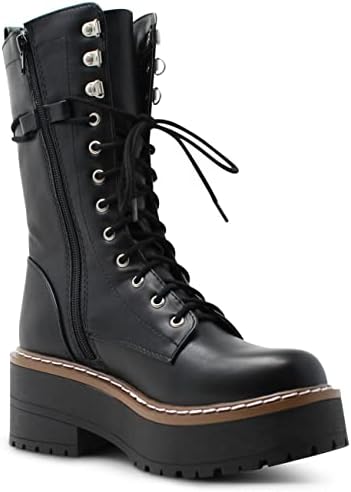 Soda Women's Round Toe Mid Calf Medium Chunky Heels Lace Up Combat Boots - (Black PU) - 8 | Image 4