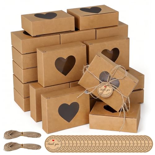 QingWing 25 Stück Kraftpapierboxen Mit Klarem Fenster 9 x 6 x 3 cm Kraftpapier Gebäckkarton Geschenkbox Kraftpapier mit 25 Anhänger und 2 Hanfseile für Cookies Verpackung (Braun)