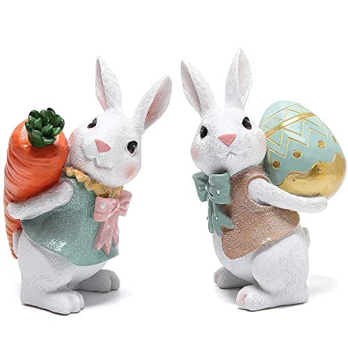 Hodao 55 Inch Polyresin Bunny Decorations Spring Easter Decors Figurines Tabletopper Decorations for Party Home Holiday Cute Rabbit Easter Gifts Orange Blue