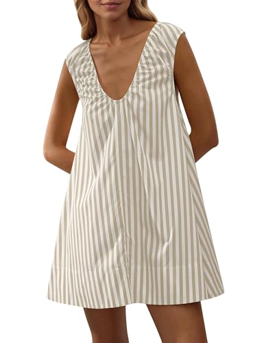 Image of OLAPTA Women Summer Sleeveless Babydoll Mini Tank Dresses Loose Fit Scoop Neck Ruched Short Dress with Pockets Party Clubwear