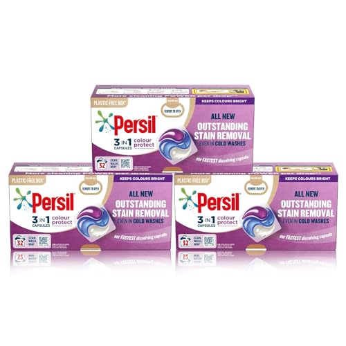 Persil 3 in 1 Colour Protect Laundry Washing Capsules keeps colours bright with recyclable, plastic-free box* 3x 32 capsules (96 washes)
