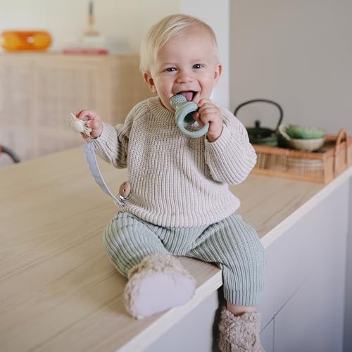 Image of mushie Linen Baby Pacifier Clip Holder (Powder Blue /Deep Sea)