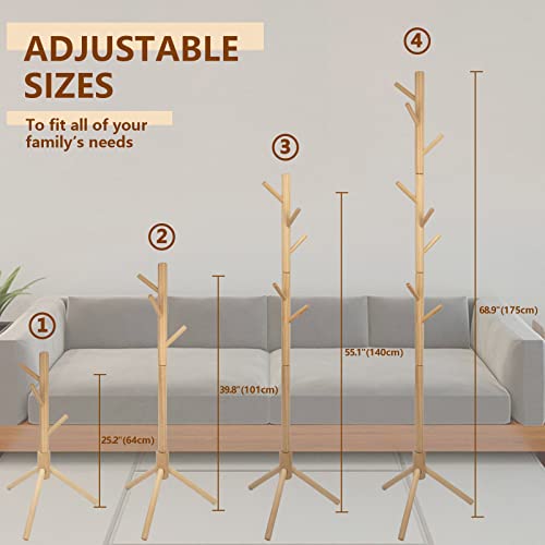 Z&L House Coat Rack Freestanding, Pure Natural Solid Wooden Coat Tree, 8 Hooks And Adjustable Height Floor Hanger, Used In The Bedroom Living Room Office To Hang Clothes, Hats, Bags #TOP4