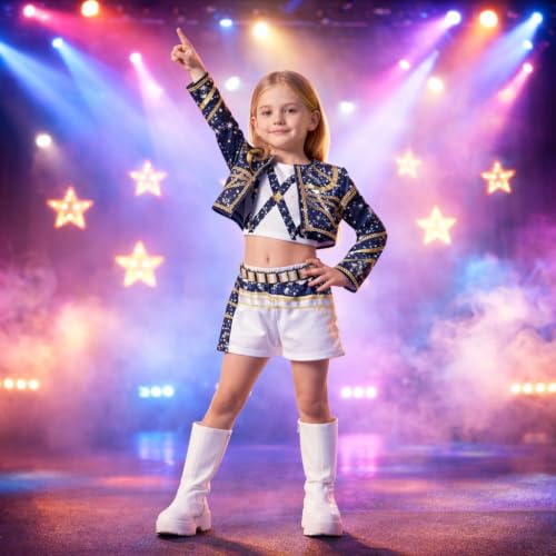 Image of Wanna Party Korean Pop Inspired Black & White Kids Costume, Size S, 3 Pcs Shimmery Stage Outfit with Jacket, Top & Shorts for Birthday Party, Dance Performance, Fancy Dress & Theme Event