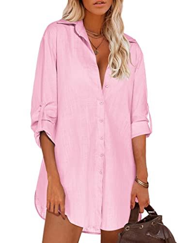 Image of HOTOUCH Women Boyfriend Shirts Button Down Long Sleeve Blouse Cuffed Sleeve Collared Shirt
