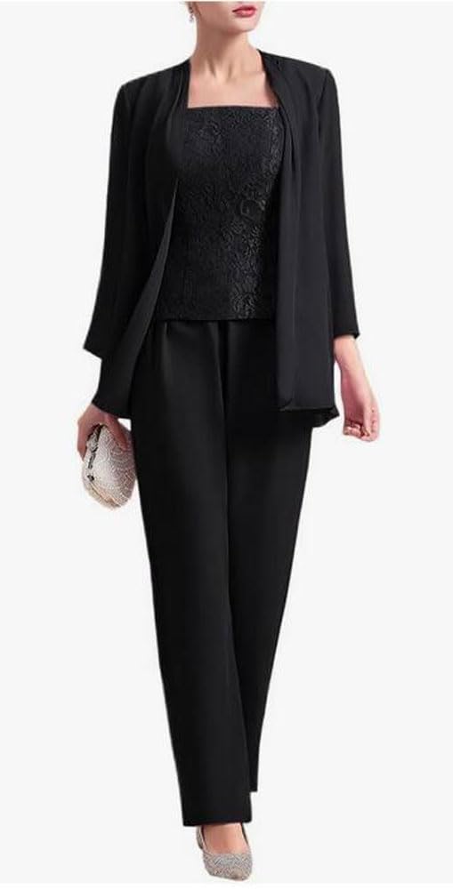 Tailleur in chiffon (3 pezzi) con pantaloni e corpetto in pizzo, elegante, adatto per matrimoni e madre della sposa