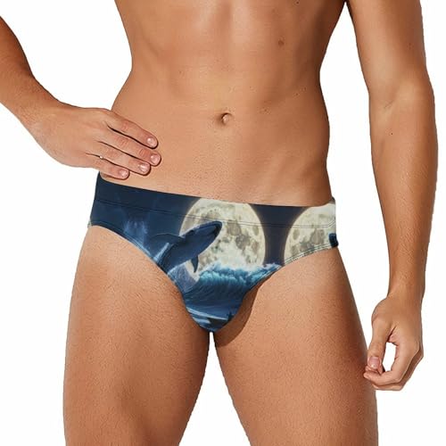 Whale Moon Men's Swimming Trunks Briefs Beach Swimwear Low Rise Bikini Swimsuit Print Bathing Suit