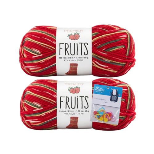 Image of Premier Yarns Fruits, Acrylic Sock Yarn, 2-Pack Bundled with Bella's Crafts Stitch Markers (Strawberry)