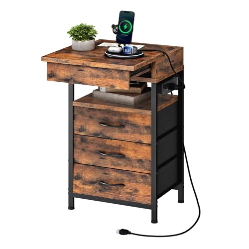 HOOBRO Nightstand with Charging Station, Bedside Table with Fabric Drawers, End Table with Lockable Hidden Compartment, 2 AC Outlets, 1 USB-A, 1 Type-C, for Bedroom, Rustic Brown and Black BF143UBZ01