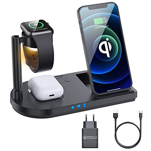 Cargador inalámbrico, 15 W, cargador inalámbrico rápido, 4 en 1, estación de carga inductiva para Apple Watch, iPhone 12/SE/11/X/XR/Xs Max/8, Airpods Pro/2, Samsung Buds/S21/S20/S10 (negro)