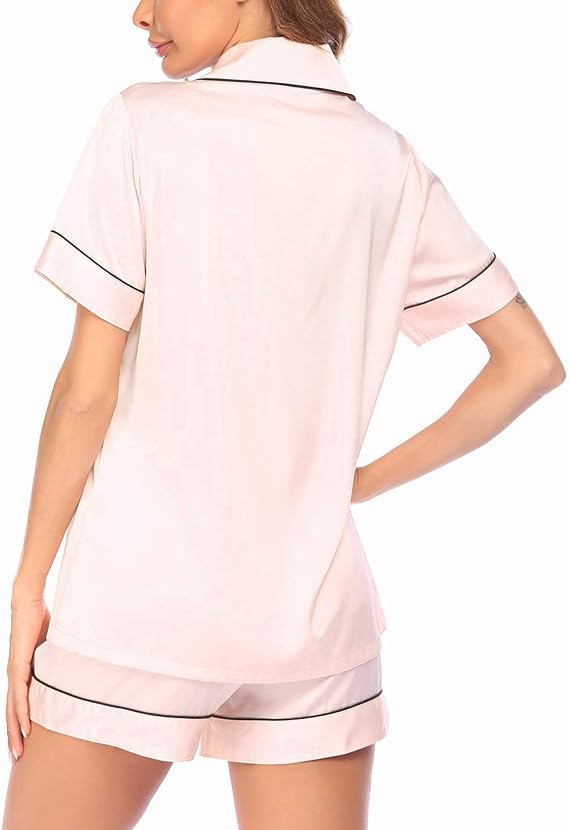 Image of Ekouaer Pajamas for Women Set Silk Satin Pjs Button Down Sleepwear Summer Loungewear Top and Shorts Lounge Set S-XXL