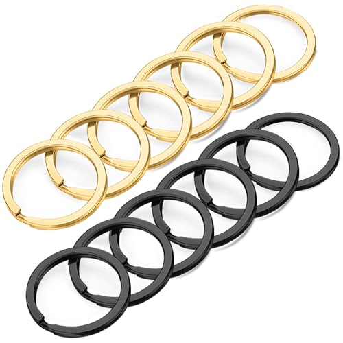 Gkeygo 12 pcs Stainless Steel Key Rings 1 inch Flat Split Keychain Ring for Car Keys Dog Tag Home Office DIY Black - Gold
