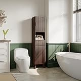67' Tall Bathroom Storage Cabinet with Fluted Doors, Narrow Metal Cabinet with Fluted Doors and Drawer, Thin Cabinet with Open Countertop for for Bathroom, Living Room, Kitchen, Dining Room, Walnut