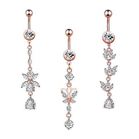 IPINK-3Pcs 14G Belly Button Rings Dangle for Women Stainless Steel CZ Diamond Navel Rings Body Piercing Jewelry, Stainless Steel, cubic-zirconia Cover