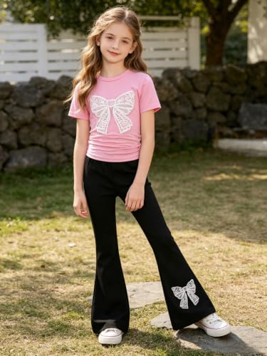 Image of Girls Clothes 2 Piece Short Sleeve Lace Bow Print Tops Flared Pants Set Little Girl Outfits Size 7-14