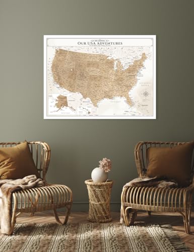 Image of IPIC - Vintage Push Pin United States Map Canvas Wall Art, Oversized US Travel Map Print for Home, Office, Study or RV, Push Pin Board Decor to Track Your Travels, Ready to Hang