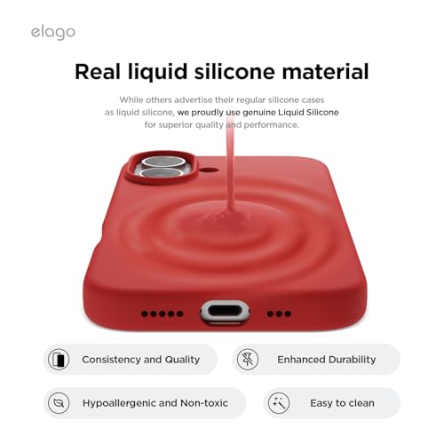 Image of elago Compatible with iPhone 16 Case, Premium Liquid Silicone Case, Full Body Protective Cover, Shockproof, Slim Phone Case, Anti-Scratch Soft Microfiber Lining, 6.1 inch (Red)