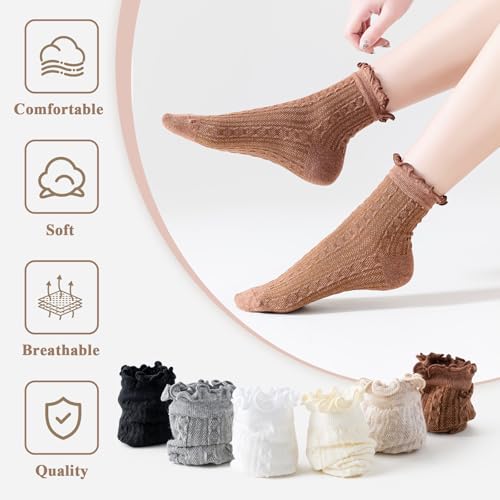 Image of Mcool Mary Womens Crew Socks Ruffle Casual Cotton Frilly Breathable Cute Knit Lettuce Trim Dress Ankle Socks 6 Pack