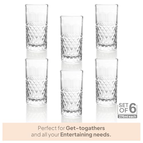 Image of CELLO Unity Hi-Ball Glass Set of 6 Pcs 275ml, Transparent | Freezer & Fridge Safe, Leadfree Dishwasher Safe Toughened Crystal Clear Glasses Set For Drinking Water Juice Milk Cocktail Mocktail Coldrink