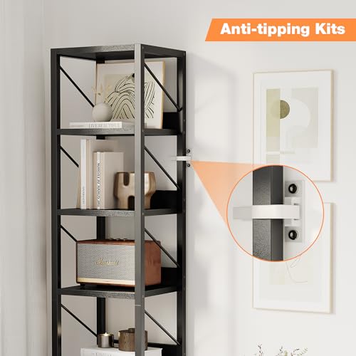 GarveeHome 6 Tier Narrow Bookcase Tall Skinny Bookshelf Rustic Corner Shelf Small Bookshelves Industrial Bookcase for Bedroom, Living Room, Home Office