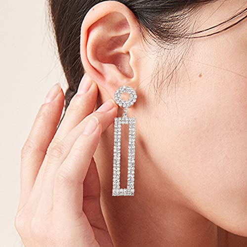 Rhinestone Long Drop Earrings Statement Rectangle Dangle with Circle Studs Fashion Jewelry2