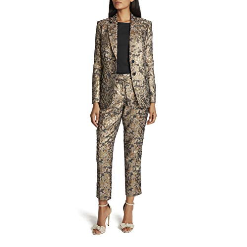 Tahari ASL Women's Two Button Notch Collar Flap Pocket Jacket, Gold Metallic Jaquard, 14