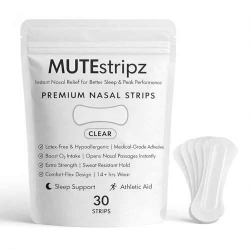 MUTEstripz Nose Strips for Snoring Relief & Sleeping (30 Pack) – Extra Strength Nasal Strips, Improve Breathing & Athletic Performance, Latex-Free, Hypoallergenic, Drug-Free Aid for Colds (Clear)
