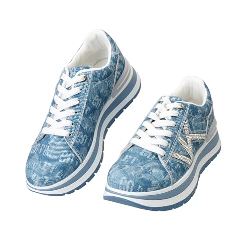 CLEIKS Calzado Deportivo para Mujer Zapatillas con Plataforma Tela de Jean Estampada Suela de Goma Transpirable para Recorrido Profesional y Ocio (Azul, 39 EU, WSC260163-5)