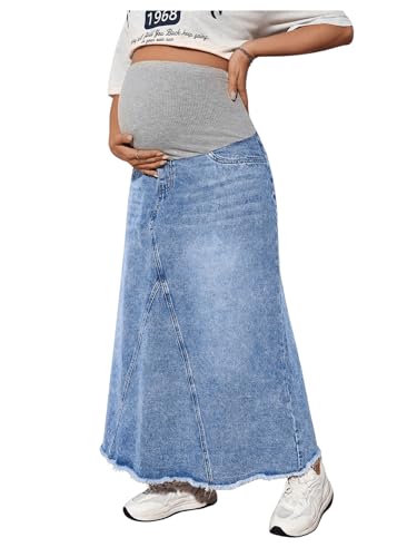 MakeMeChic Women's Maternity Jean Denim Maxi Skirt Pregnancy High Waisted A Line Adjustable Waist Long Skirts Multicolor Small