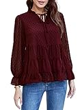 KOJOOIN Chiffon Bluse Damen Langarm Blusenshirt V-Ausschnitt Elegant Chiffon Hemd mit Laternenärmel Gepunktetes Tunika Weinrot M