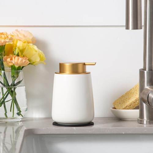 Image of Enra Foaming Soap Dispenser,12 oz Beige Ceramic Modern Foam Hand Soap Dispenser for Bathroom,Kitchen with Easy-to-Press Pump (White Foam Gold Pump)