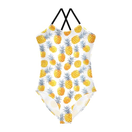 senya Girls Swimsuits One-Piece Swimwear Tie Bathing Suit Beach Summer Round Neck 9-10T White Background Pineapples Pattern