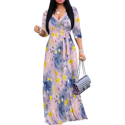 Image of Women Plus Size Long Sleeve V Neck Maxi Dress with Belt | Soft fabric relaxed fit three quarter sleeve v neck with pockets for party and daily wear