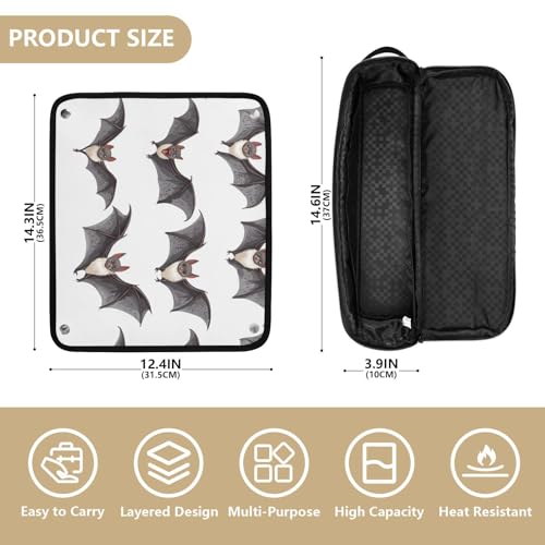 Bolso de viaje para herramientas de cabello para mujer con tapete resistente al calor removible y organizador portátil para planchas y accesorios de cuidado capilar, con diseño de murciélagos blancos miniatura 4