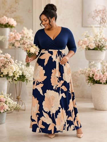 Image of Women's V Neck Floral Maxi Dress 3 /4 Sleeve Plus Size Boho Wrap Flowy Long Dresses with Belt