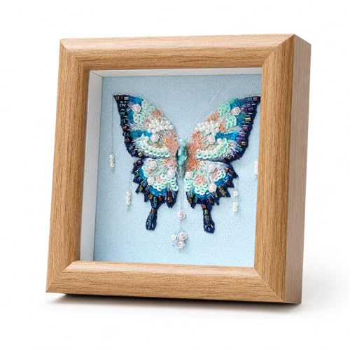 LKTEE Butterfly Bead Embroidery Kit Hand Embroidery Starter Kit for Beginners Adults with Wooden Frame Beaded Embroidery Kits DIY Craft Sewing Supplies for Gift Home Decoration (Blue)