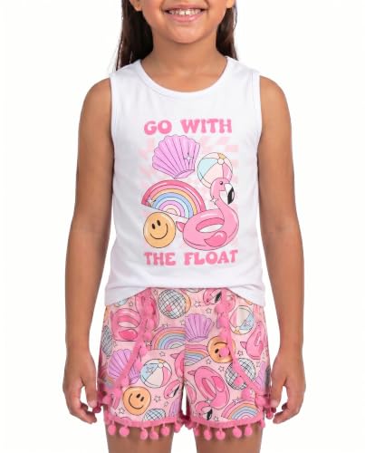 Image of Unique Baby Girls Toddler Big Kid Sleeveless Tank with Pom Pom 2pc Shorts Set Outfit