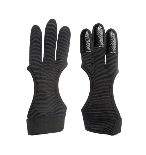 Archery Arm Guard & 3-Finger Glove Set for Women Men Adjustable Black Forearm Protector with Leather-Padded Shooting Glove 2Pcs Protective Gears for Hunting Shooting Beginners Target Practice