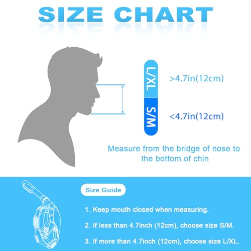 Snorkel Mask Full Face, Foldable Full Face Snorkel Mask with Detachable Camera Mount and Earplugs, 180 Panoramic View Anti-Fog Anti-Leak Snorkeling Mask for Adults (Blue, S/M)